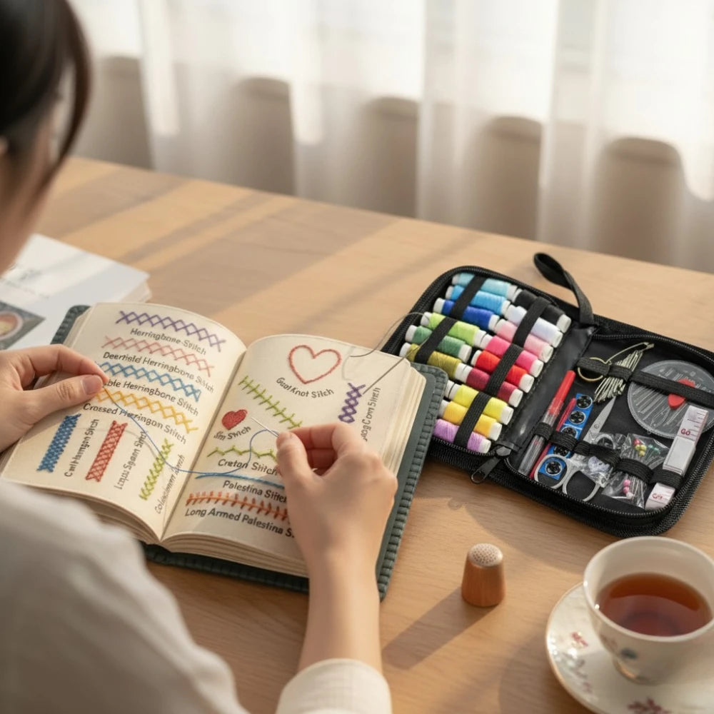 Kit Terapia de Costura: Libro de puntadas + Set de accesorios de bordado