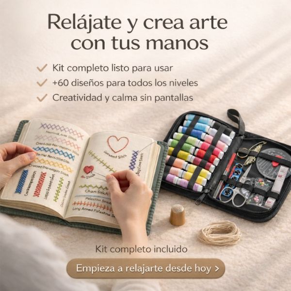 Kit Terapia de Costura: Libro de puntadas + Set de accesorios de bordado